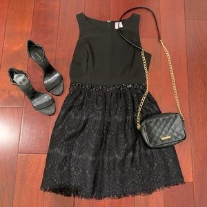Little Black Dress with Lace and Tie at Waist